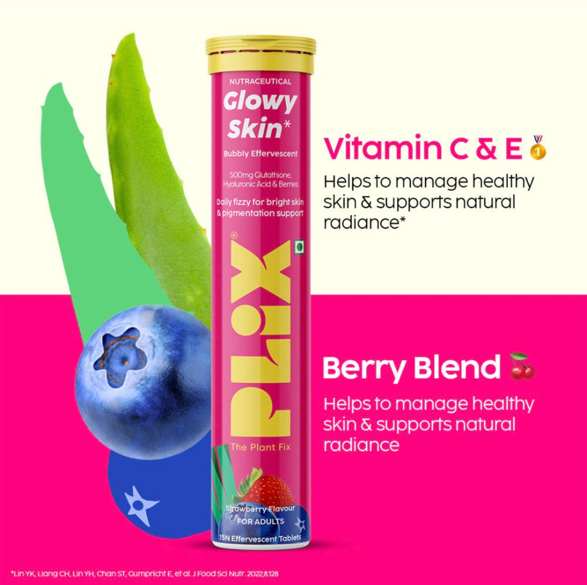 Plix Glowy Skin Bubbly Effervescent Tablets – Strawberry Flavour (15 Tablets)